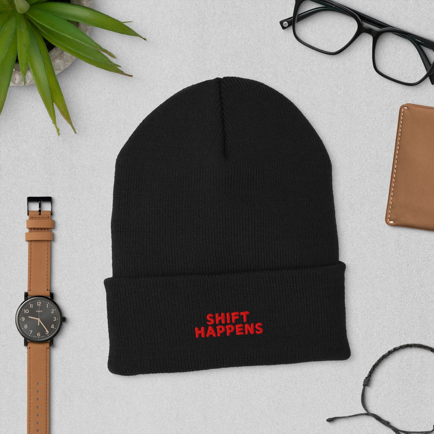 Shift Happens - BLACK Embroidered Beanie