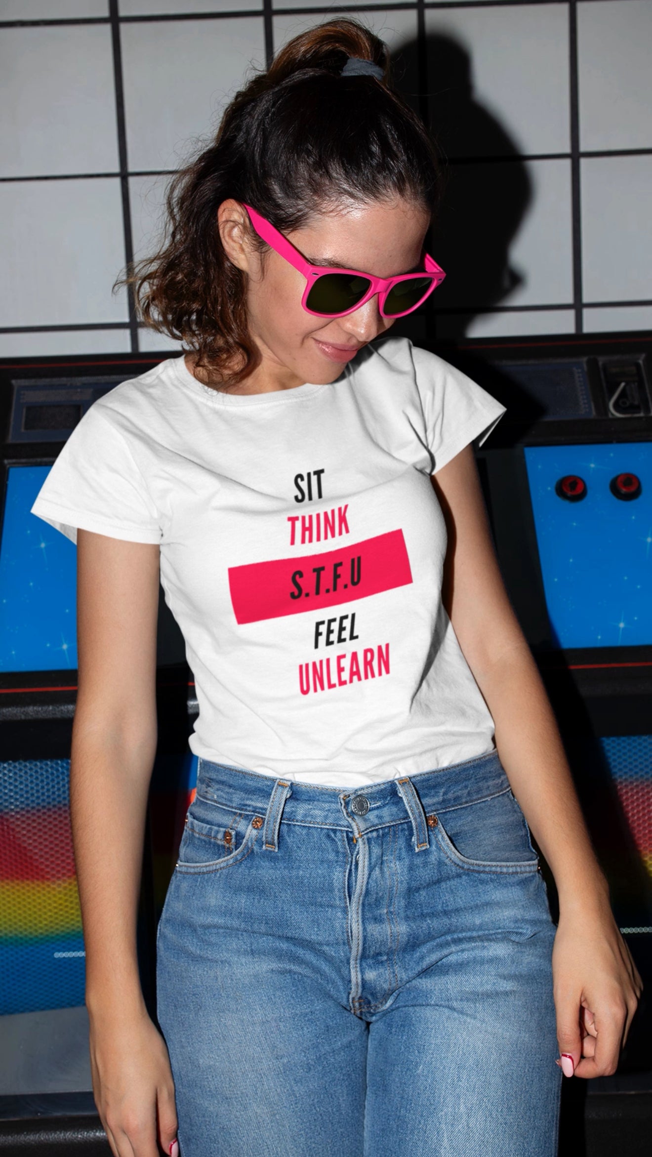 S.T.F.U. Trendy Aesthetic Graphic Tee – Soft Oversized Unisex Crewneck T-Shirt [WHITE]