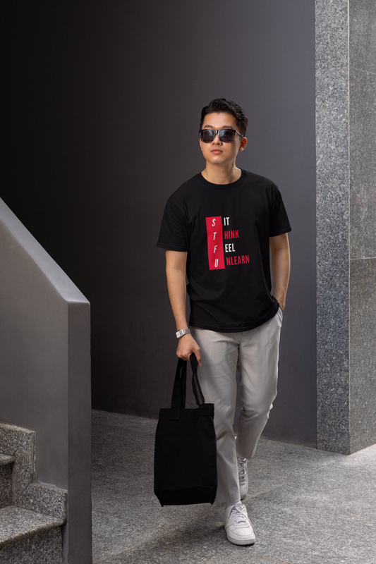 S.T.F.U. Trendy Aesthetic Graphic Tee – Soft Oversized Unisex Crewneck T-Shirt [BLACK]